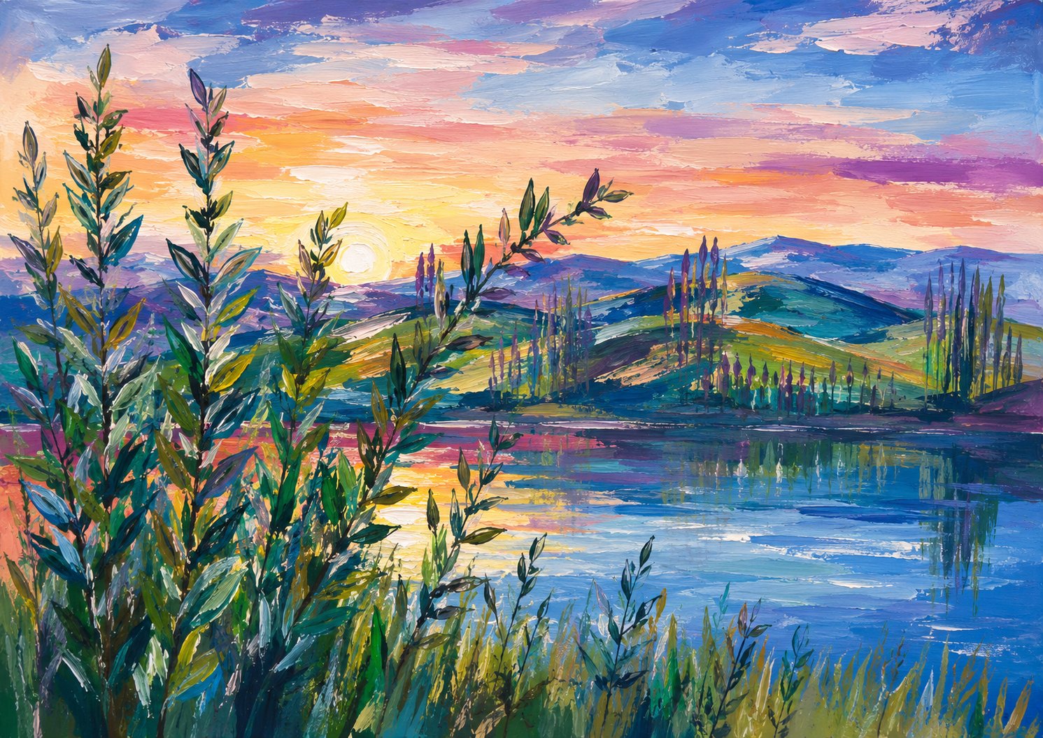 Kunstwerk von Kerstin Cloodt · Sonnenuntergang am See, Original aus dem Atelier in Kassel